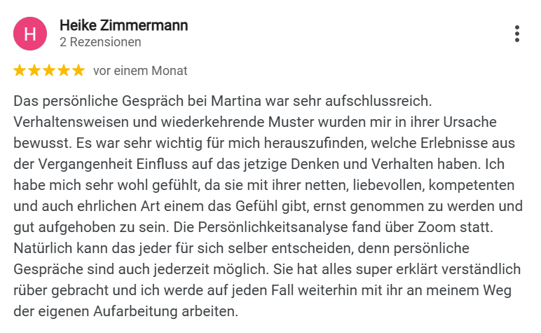 Fünf-Sterne-Kundenbewertung von Heike Zimmermann über persönliches Gespräch mit Martina
