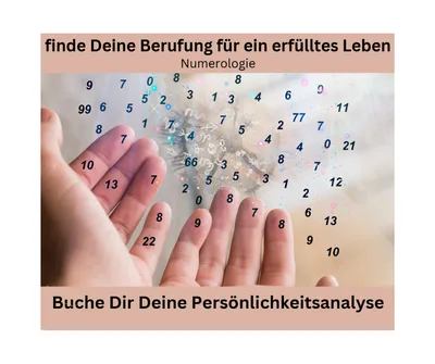 Numerologie Persönlichkeitsanalyse mit Hand und Zahlen, Buchtitel und Call-to-Action