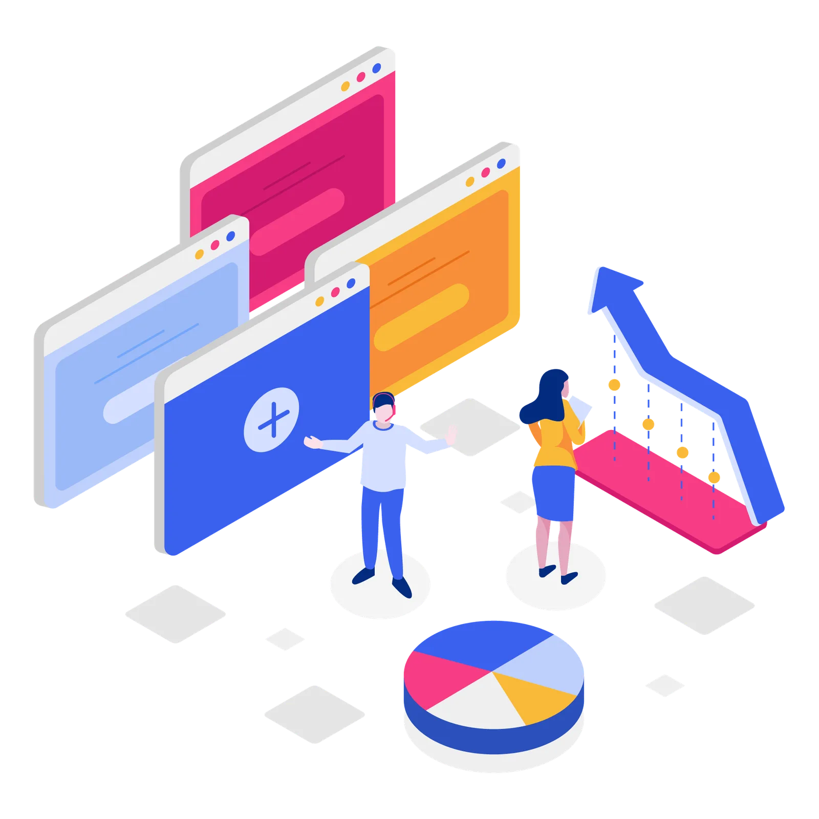 Isometrische Illustration von Website-Analyse mit Personen, Charts und Monitoring-Dashboard