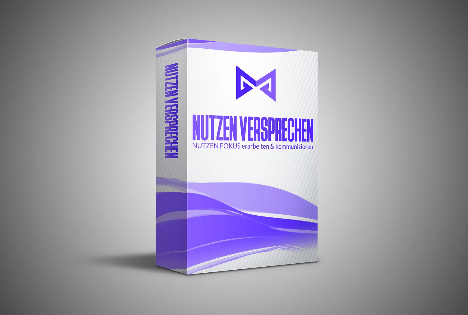 3D Produktbox des Nutzen Versprechen Video-Kurses mit lila Farbschema und Logo