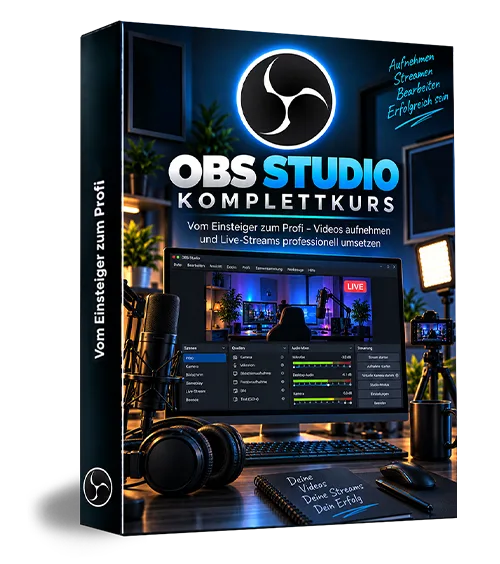 OBS Studio Komplettkurs Box-Cover mit Software-Interface, Kopfhörer und Schreibtisch-Setup
