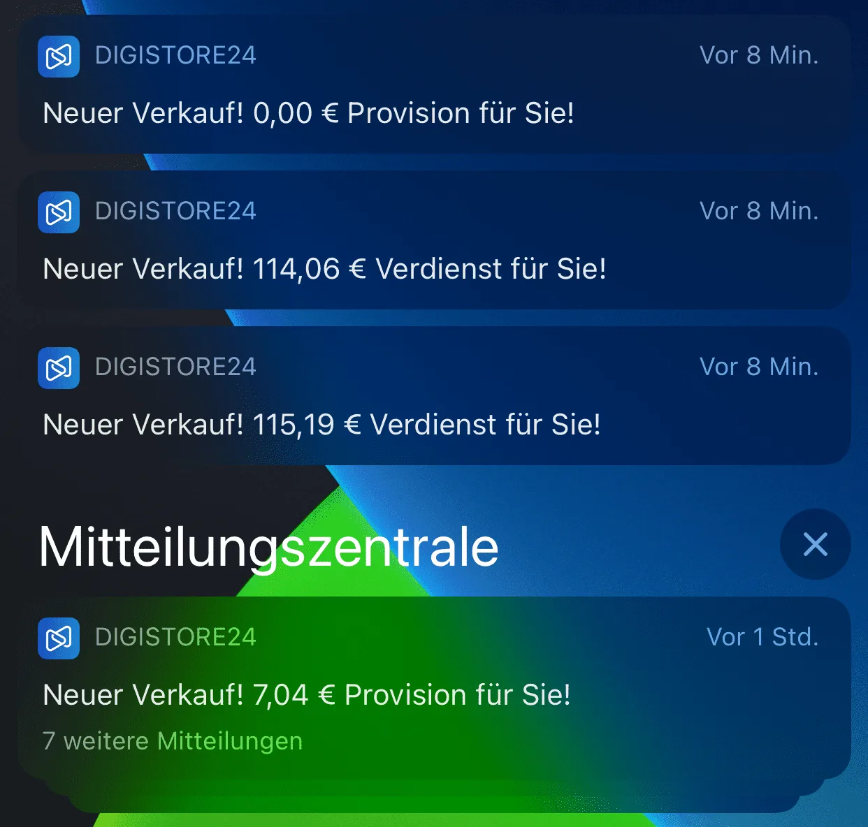 Digistore24 Mitteilungszentrale mit mehreren Verkaufs- und Provisionsbenachrichtigungen