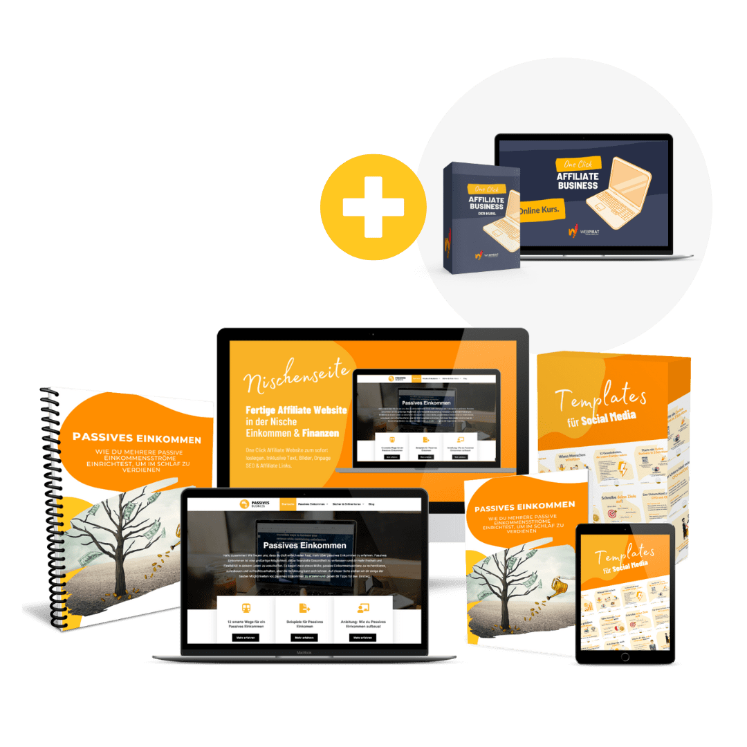 OCAB Money Master Produktpaket mit Kursen, Websites und Social-Media-Templates auf verschiedenen Geräten