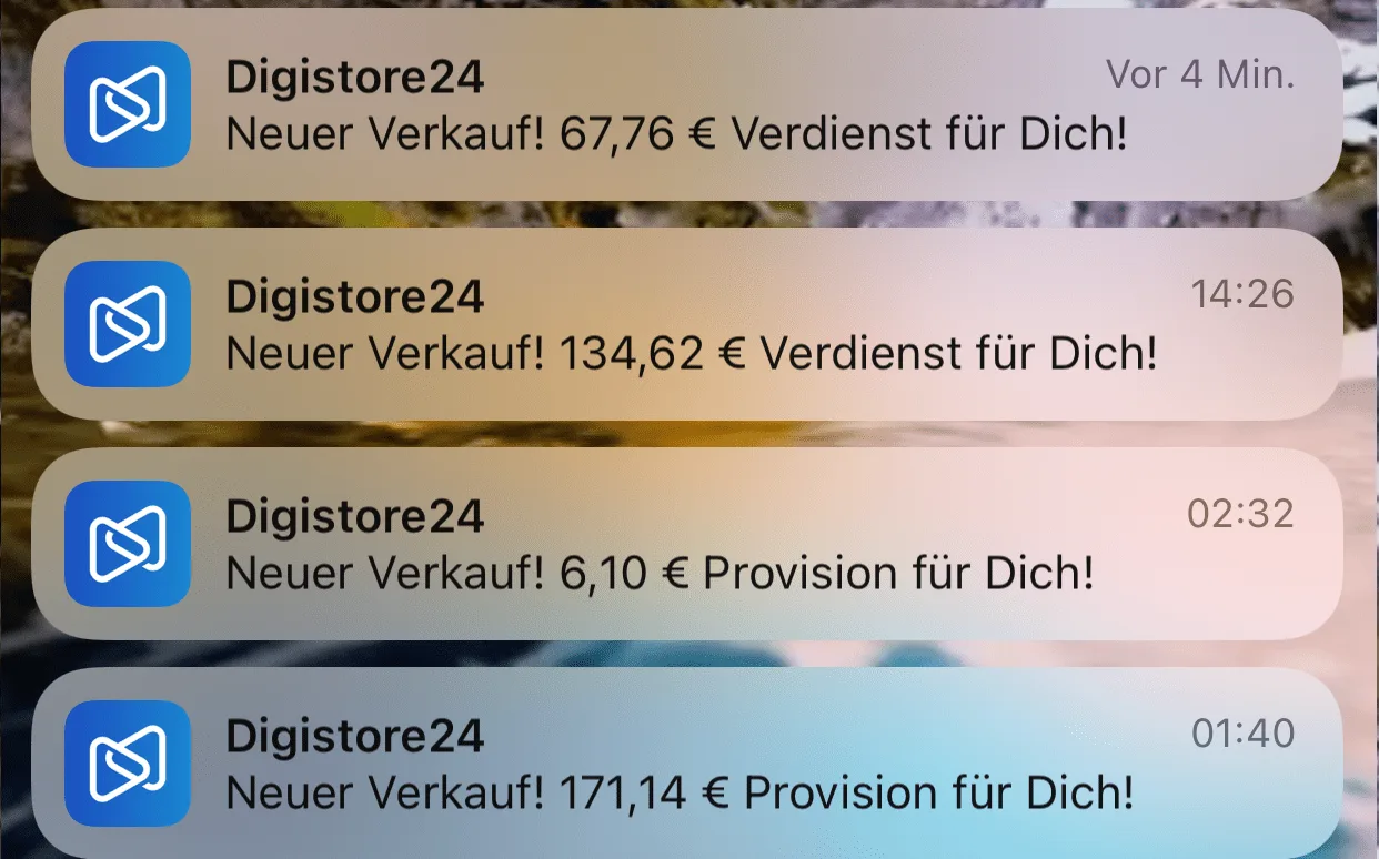 OCAB – Affiliate-Paket Mindset-Nische 7 Digistore24 Benachrichtigungen mit Verkaufseinnahmen 67,76 €, 134,62 €, 6,10 €, 171,14 €