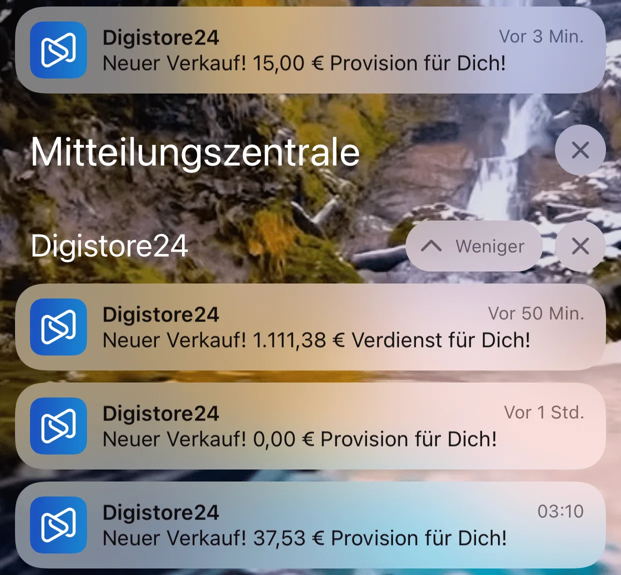 OCAB – Affiliate-Paket Mindset-Nische 9 Digistore24 Benachrichtigungen mit Provisionseinnahmen 15,00 €, 1.111,38 €, 0,00 €, 37,53 €