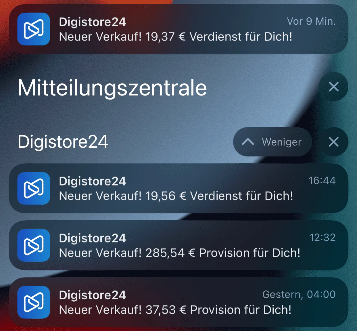 OCAB – Affiliate-Paket Mindset-Nische 11 Digistore24 Mitteilungszentrale mit Provisionseinnahmen 19,37 €, 19,56 €, 285,54 €, 37,53 €
