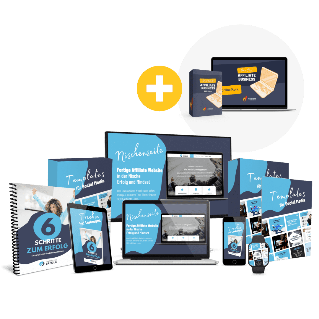 OCAB – Affiliate-Paket Mindset-Nische 1 OCAB Erfolg Mindset Paket-Mockup mit Website, Buch, Tablet, Smartphone und Social-Media-Templates
