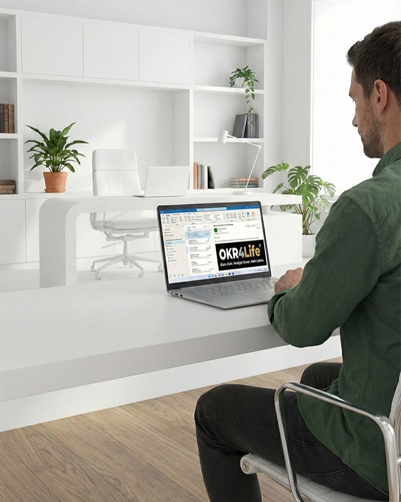 Mann sitzt am weißen Schreibtisch vor Laptop, auf Bildschirm OKR4Life-Logo, modernes Büro mit Regalen und Pflanzen