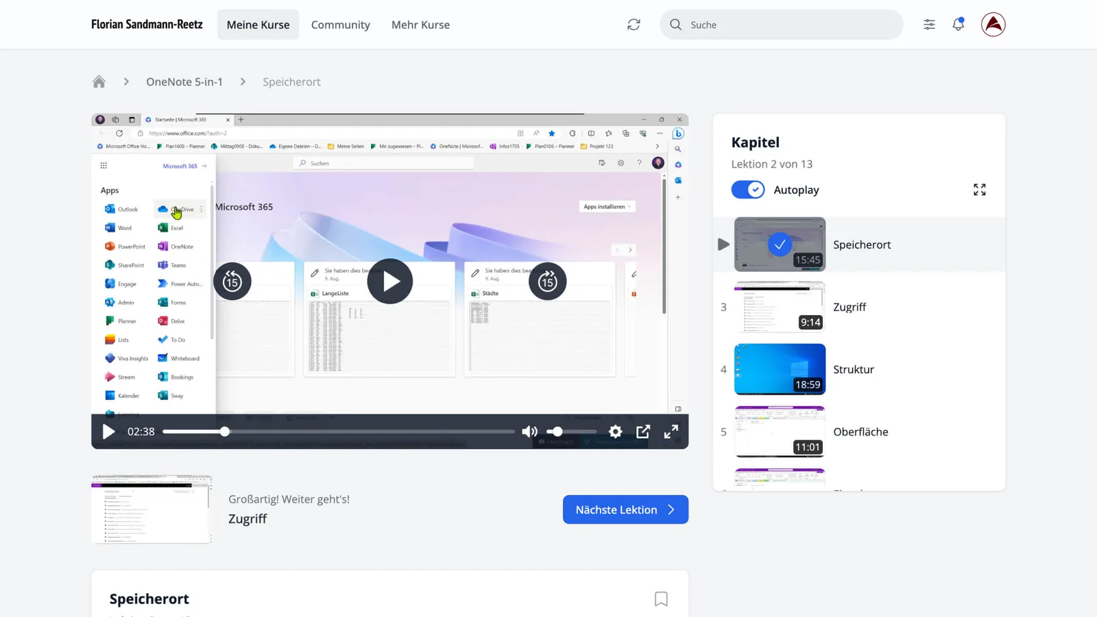 OneNote 5-in-1 – Videokurs für digitale Notizen 4 Videolektion des OneNote-Kurses mit Microsoft 365 Integration und Kapitelnavigation