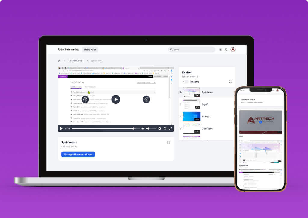 OneNote 5-in-1 – Videokurs für digitale Notizen 5 Screenshot des OneNote-Kurses auf Laptop und Smartphone mit Kursplattform und Video