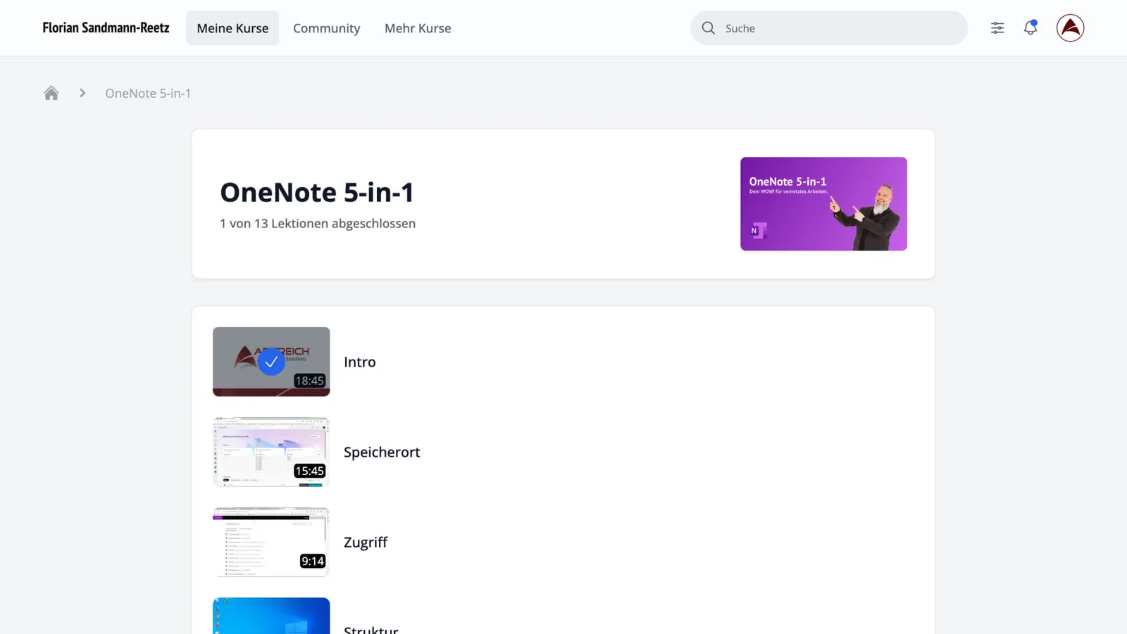 OneNote 5-in-1 – Videokurs für digitale Notizen 3 Übersichtsseite des OneNote 5-in-1 Kurses mit Lektionen und Kursmodulen