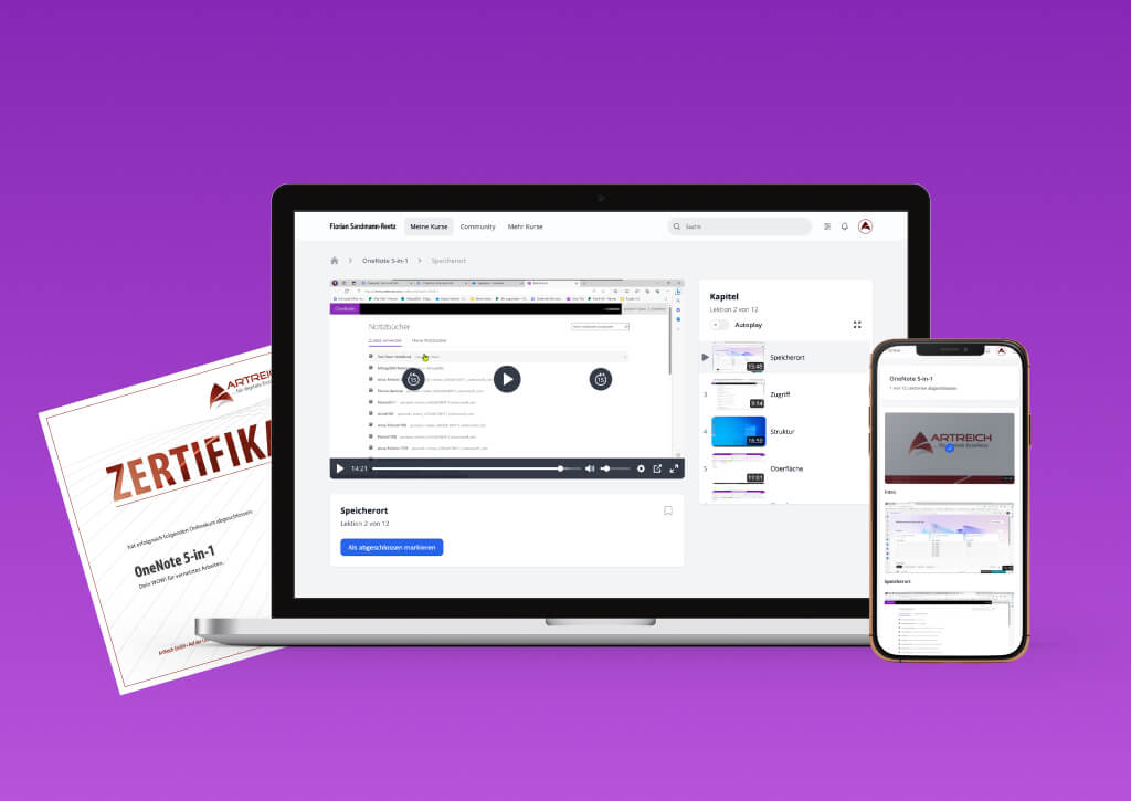 OneNote 5-in-1 – Videokurs für digitale Notizen 1 Mockup des Online-Videokurses OneNote 5-in-1 auf Laptop und Smartphone mit Zertifikat