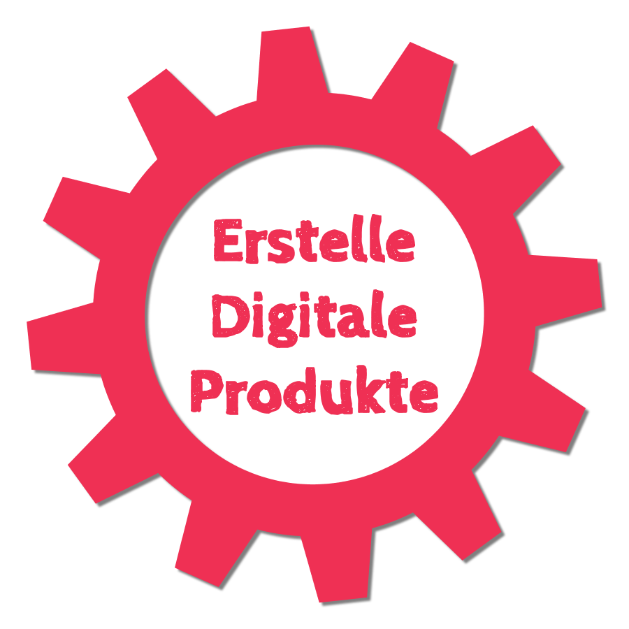 Rotes Zahnrad-Icon mit weißem Kreis, Text: Erstelle Digitale Produkte