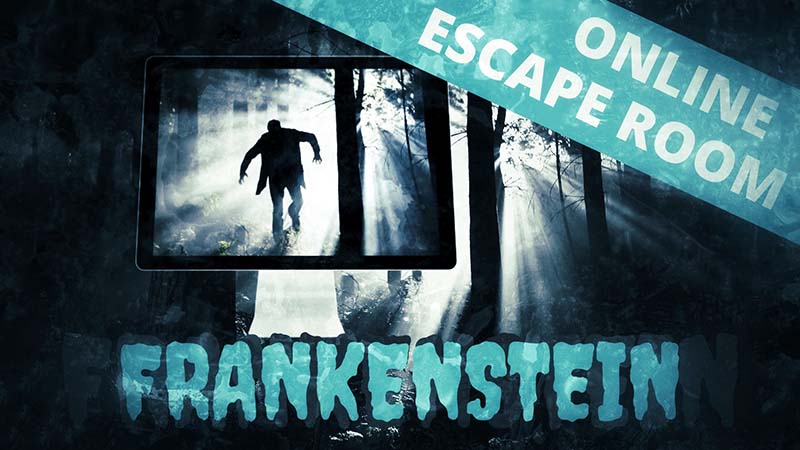 Hero-Banner Online Escape Room Frankenstein mit Monitor, Wald und Kreatur