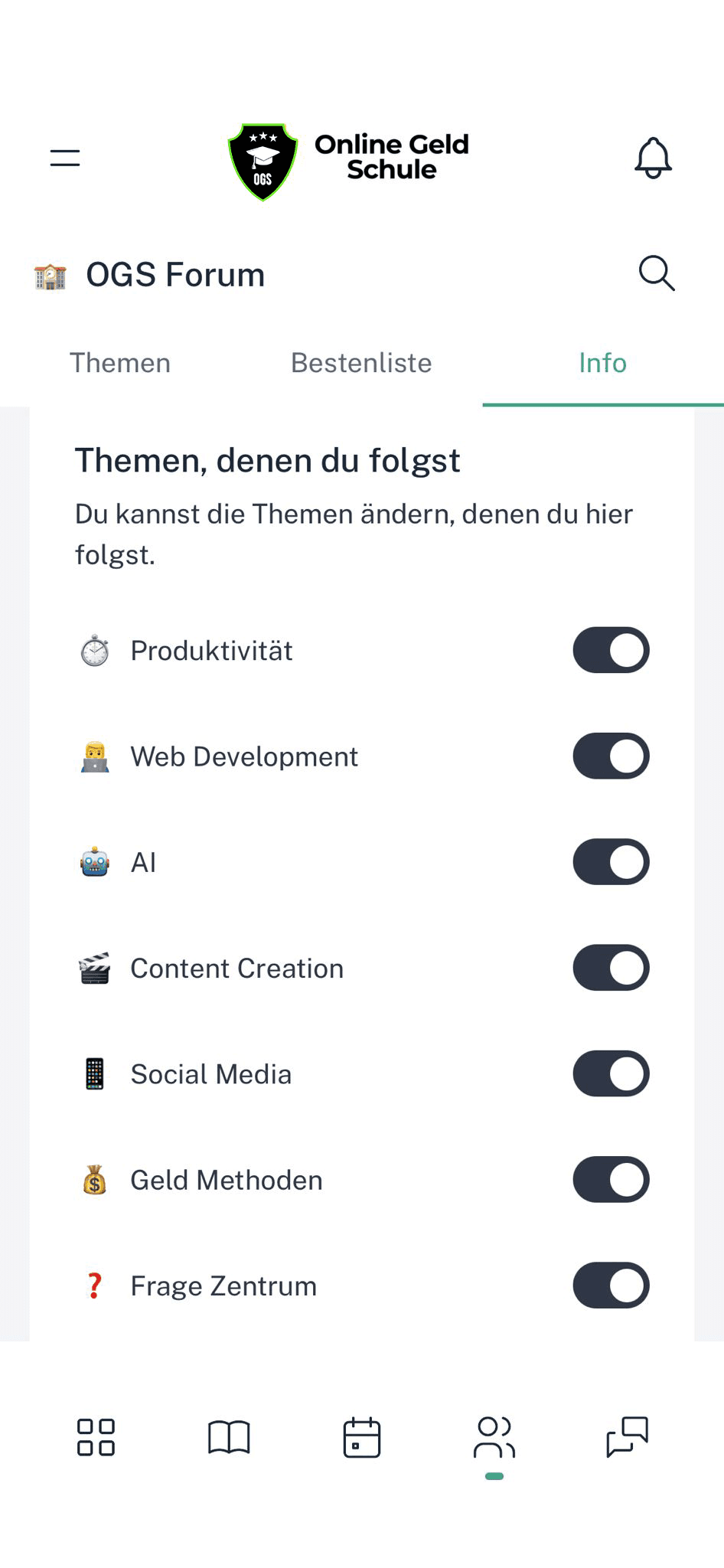 OGS Forum Screenshot mit Community-Themen und Aktivierungsschaltern zur Themenverwaltung
