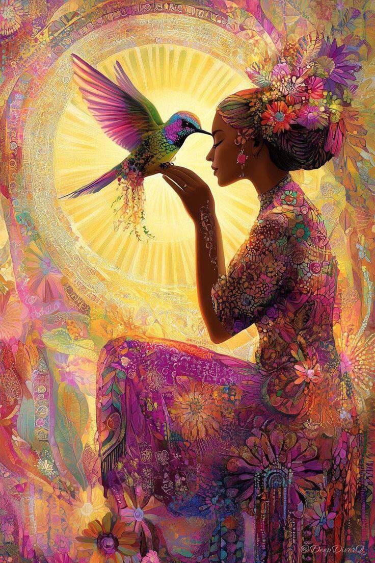 Frau mit buntem Blumenmuster und Kolibri vor goldenem Strahlen-Hintergrund