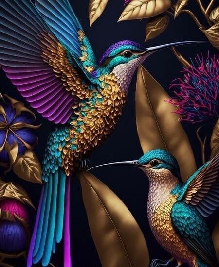Zwei bunte Kolibris mit irisierenden Federn in Blau, Grün, Gold und Magenta