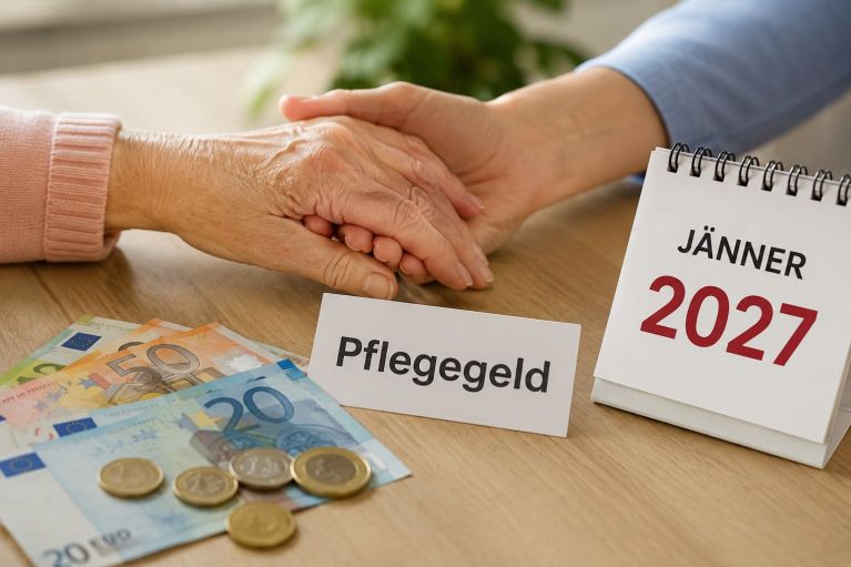 Hände von Senior und Betreuer, Geldscheine, Kalender mit Aufschrift Pflegegeld Januar 2027