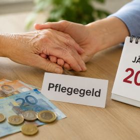 Detailausschnitt Hände und Kalender mit Pflegegeld Januar 2027