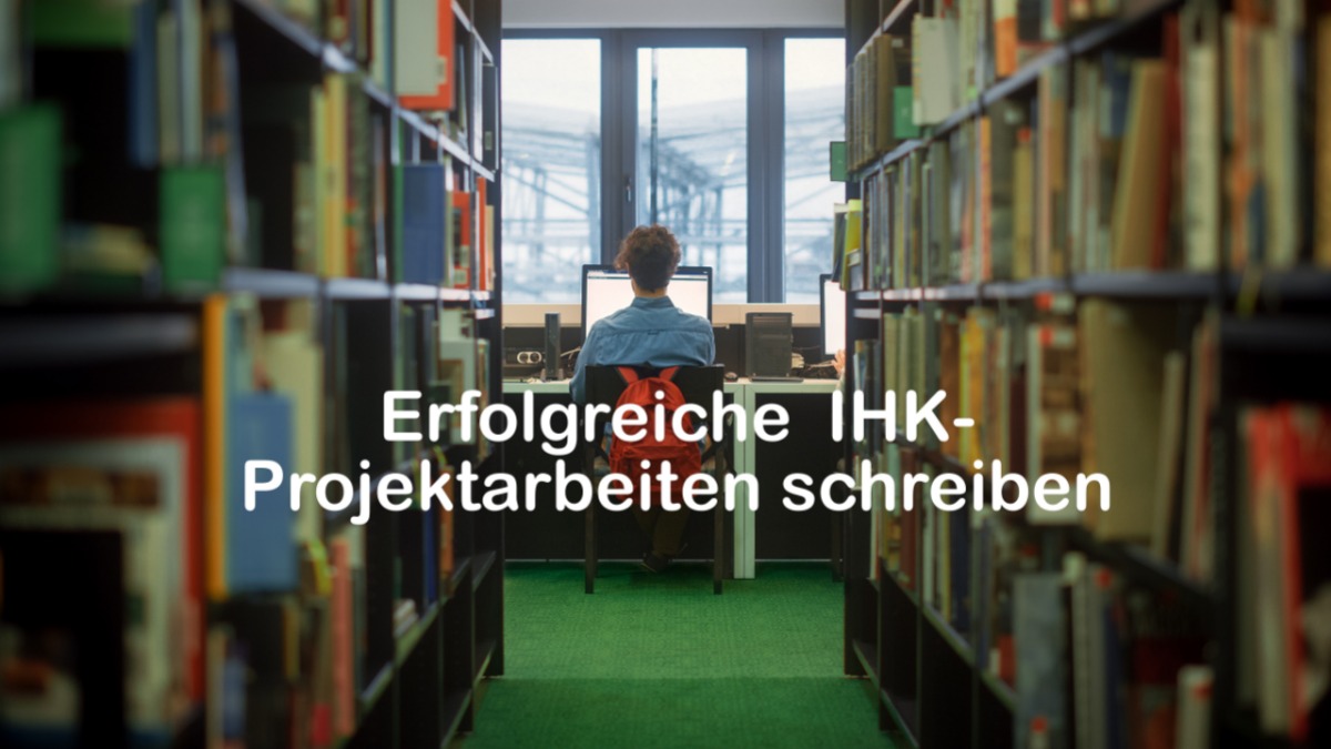 Online-Sprechstunde für Ihre IHK-Projektarbeit 2 Bibliothek mit Person am Computer, Text über erfolgreiche IHK-Projektarbeiten schreiben