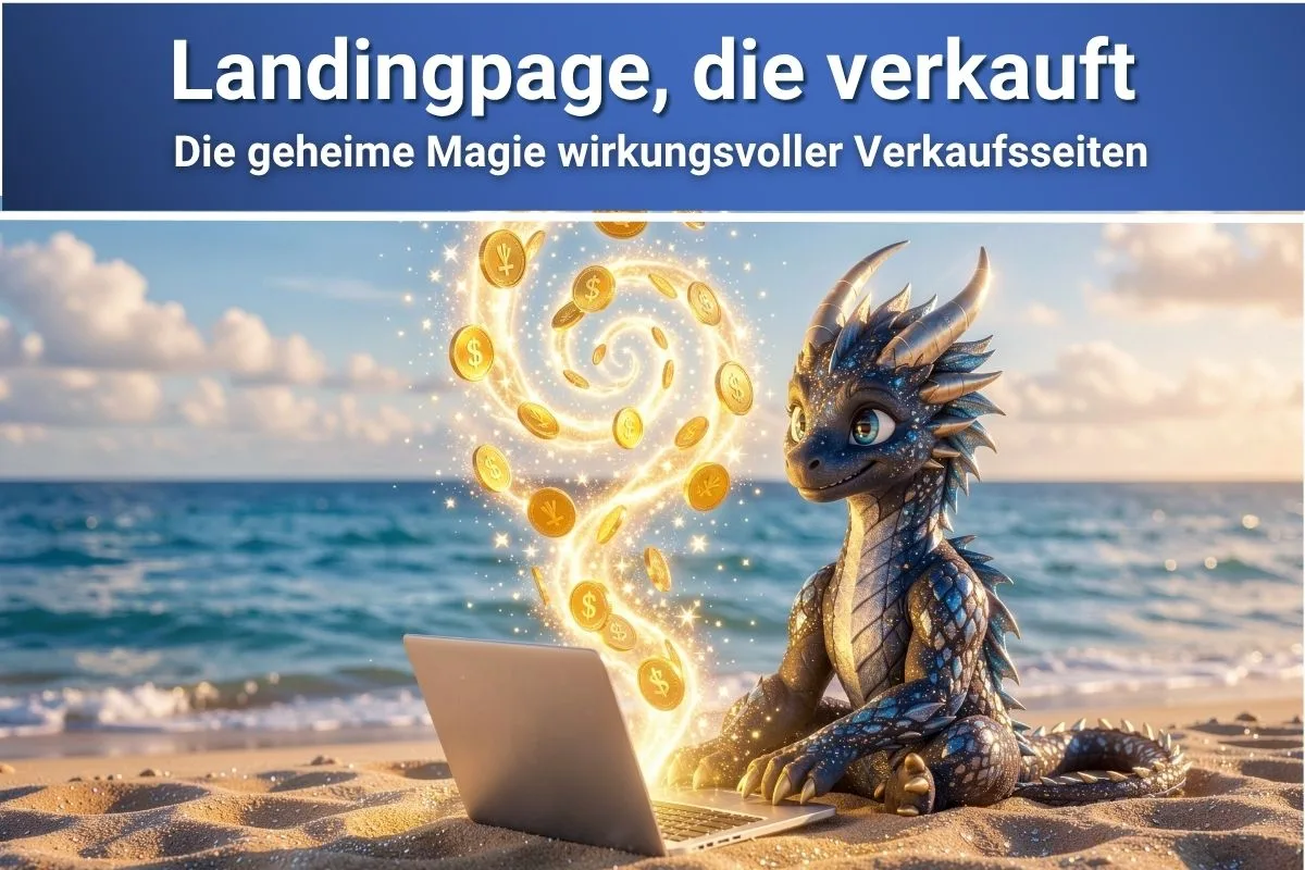 Landingpage-Hero mit Drache am Laptop und goldenem Münz-Wirbel am Strand