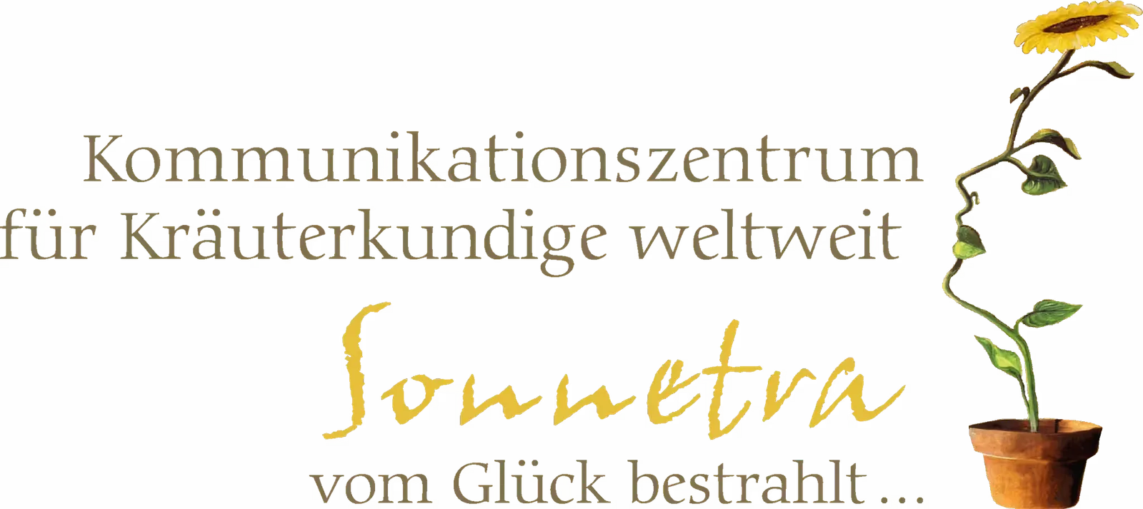 Banner für Kommunikationszentrum für Kräuterkunde weltweit mit Sonnenblume im Topf und Handschriftzug Formeltra