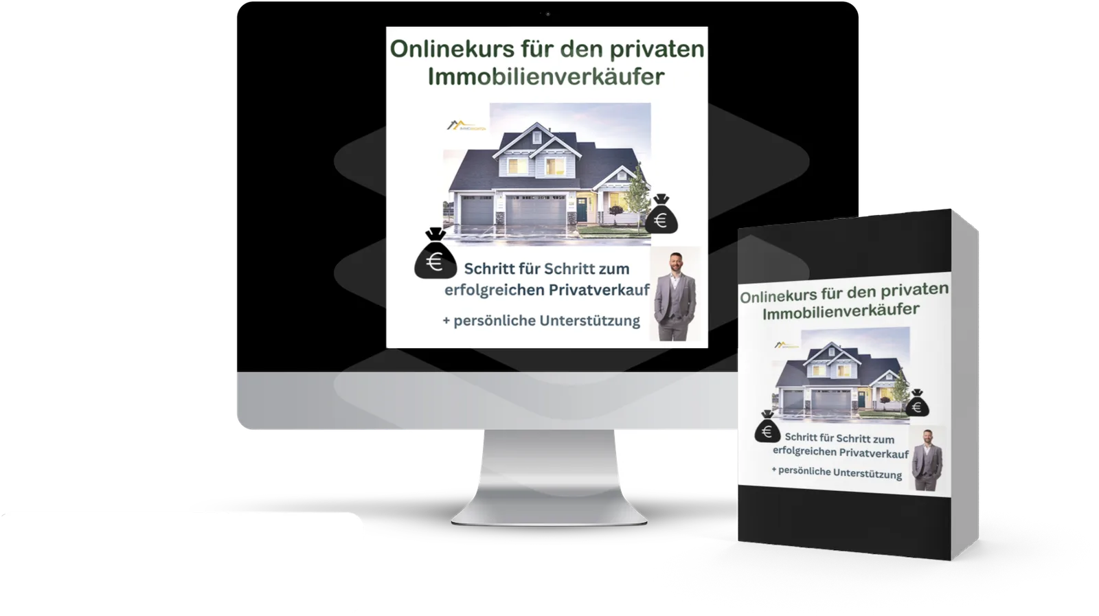 Mockup mit Monitor und Tablet, zeigt Kurscover für Onlinekurs Immobilienverkäufer mit Haus und Geldmotiv