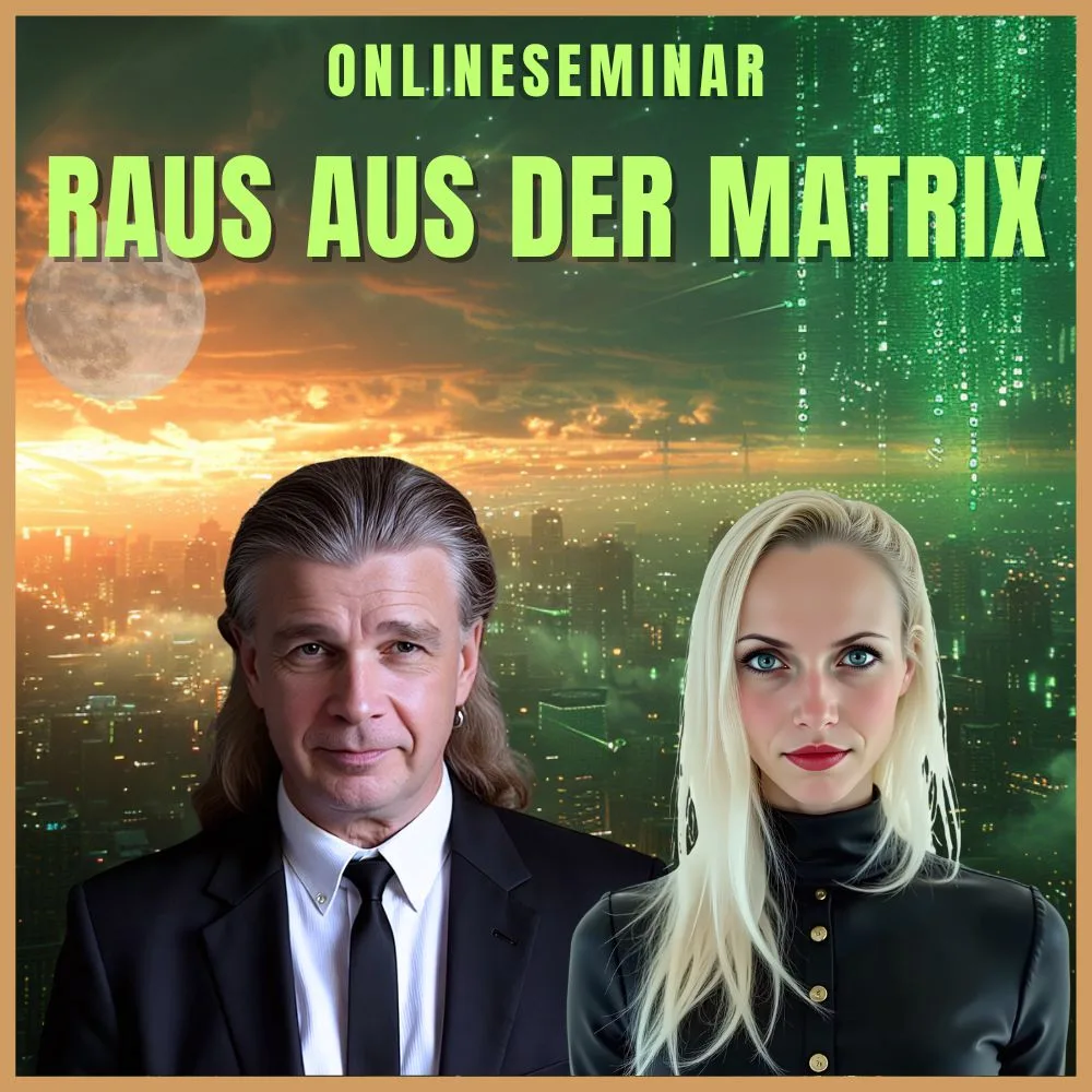 Online-Seminar Poster Raus aus der Matrix mit zwei Trainern vor Matrix-Hintergrund
