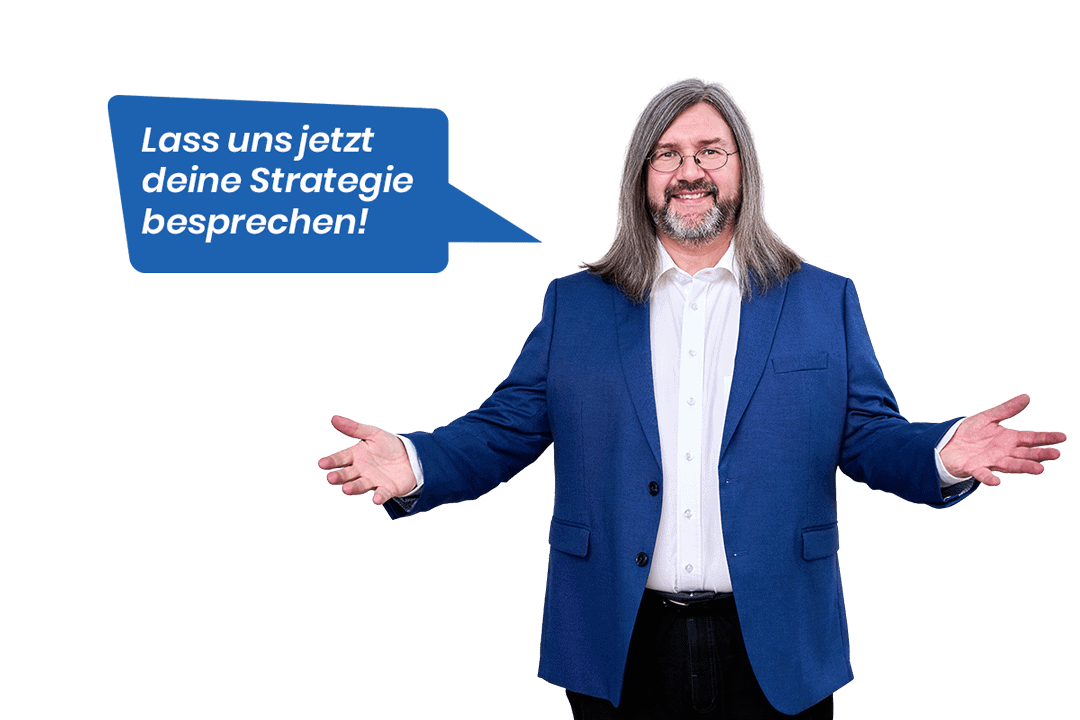 Themen-Check – Coaching zur Kursthemenwahl von Michael Smetana 6 Mann mit Brille und blauem Anzug mit ausgebreiteten Armen, blaue Sprechblase mit Text