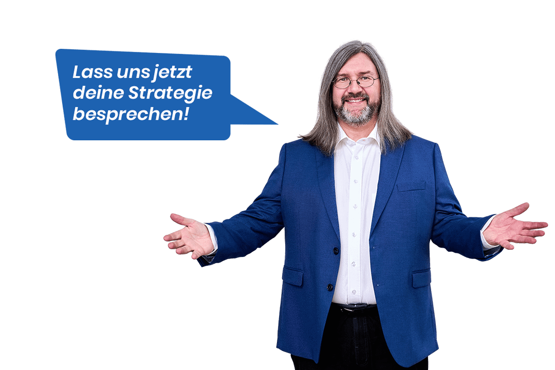 Themen-Check – Coaching zur Kursthemenwahl von Michael Smetana 5 Mann mit Brille und blauem Anzug mit ausgebreiteten Armen, blaue Sprechblase mit Text