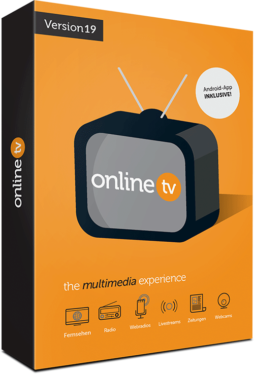 OnlineTV 20 Version 19 Produktbox mit Retro-Fernseher und orange Hintergrund