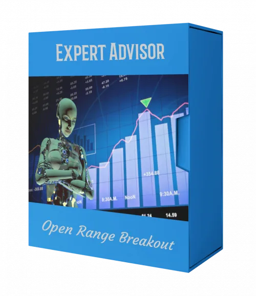 Produktbox Open Range Breakout Expert Advisor MT4 mit Roboter-Figur und Balkendiagramm