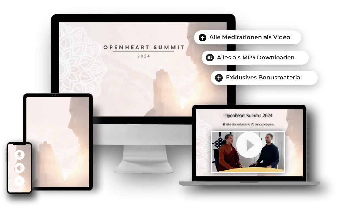 Openheart Summit 2024 Mockup auf mehreren Geräten mit Meditationsvideos, MP3-Downloads und Bonusmaterial