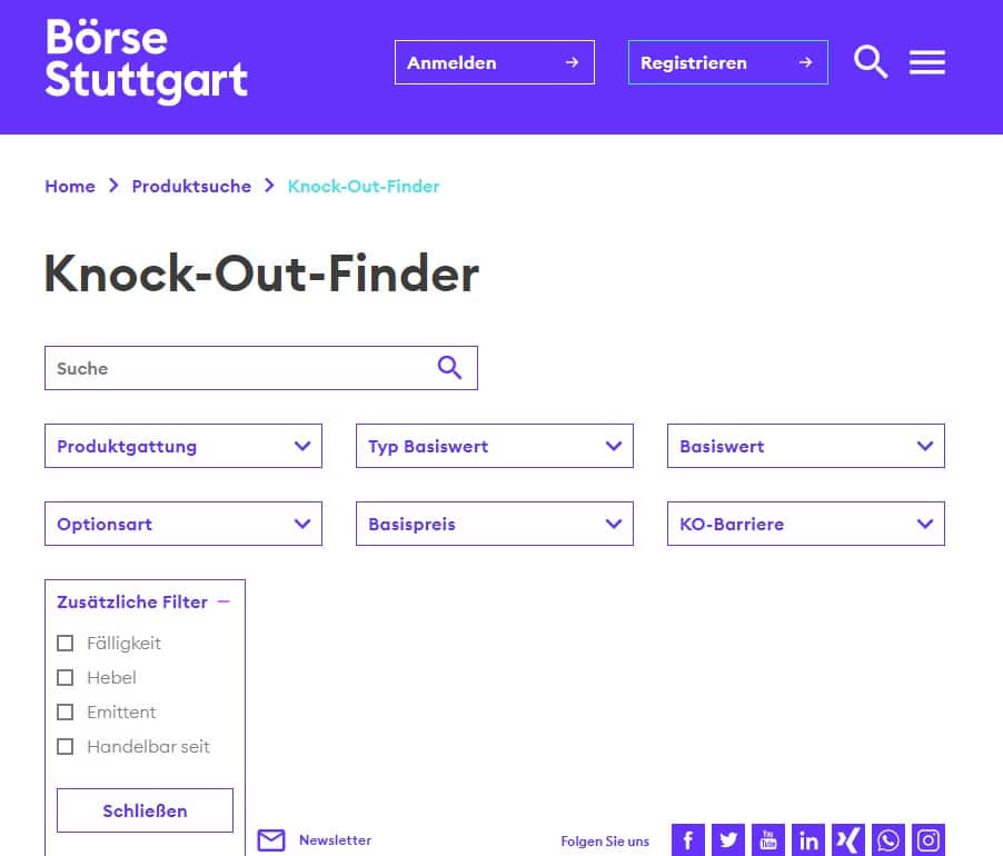 Knock-Out-Finder der Börse Stuttgart mit Filtern für Basiswert, Optionsart, Basispreis und Hebel