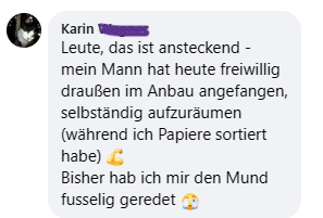 Facebook-Post von Karin über freiwilliges Ausmisten und Ordnung im Haushalt