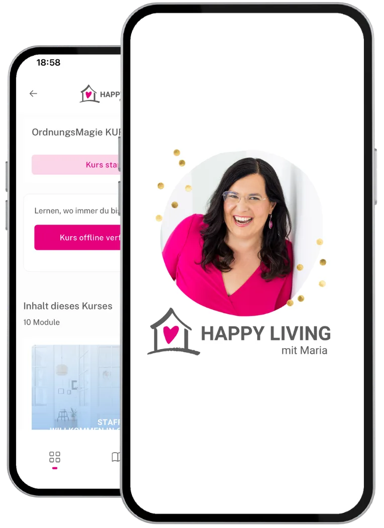 Mobile App-Screenshot des OrdnungsMagie Kurses mit Kursübersicht und Modul-Struktur auf zwei Smartphone-Displays