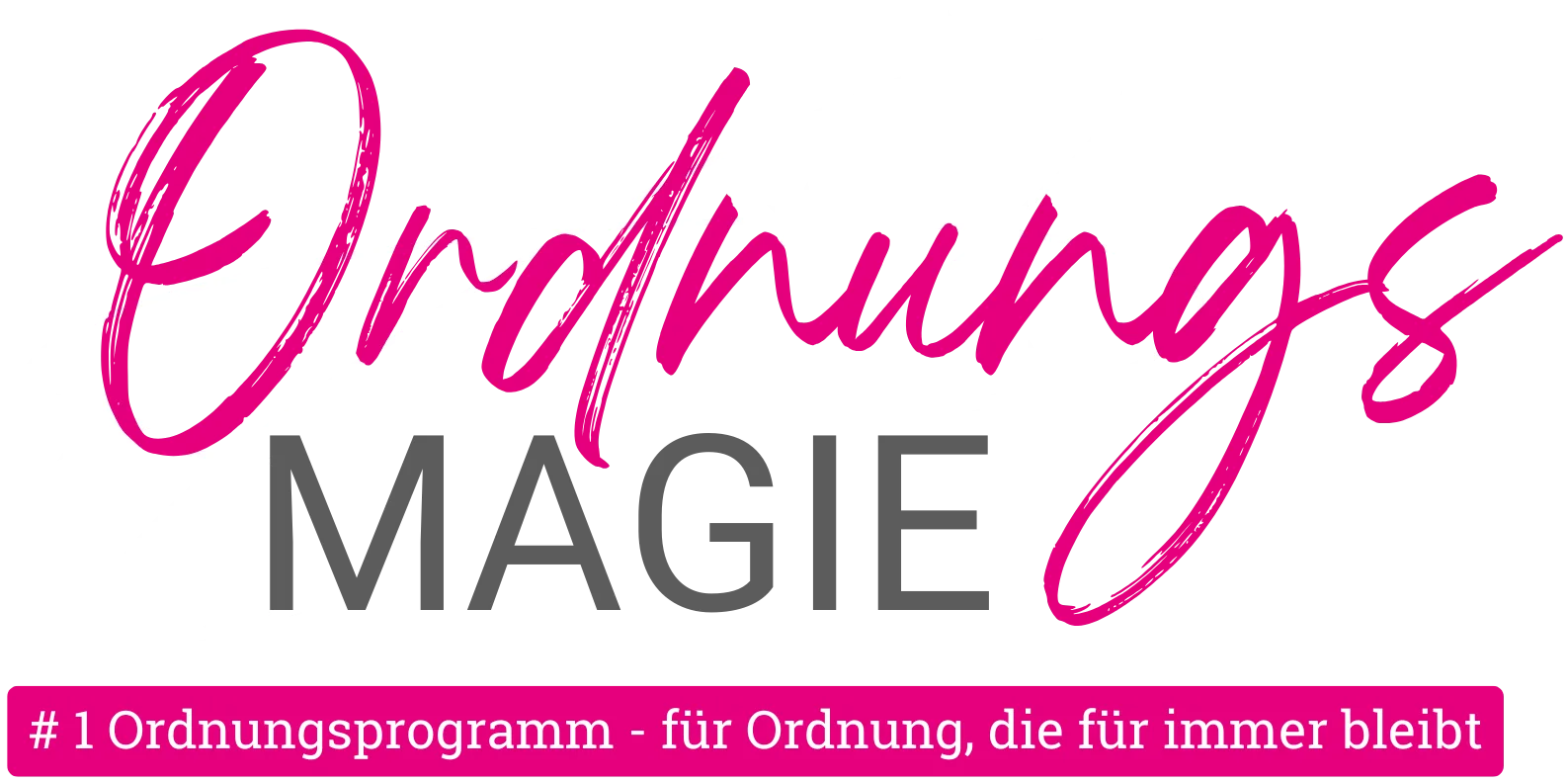 OrdnungsMagie Logo mit pinkfarbener Schrift und grauem Untertitel auf weißem Hintergrund