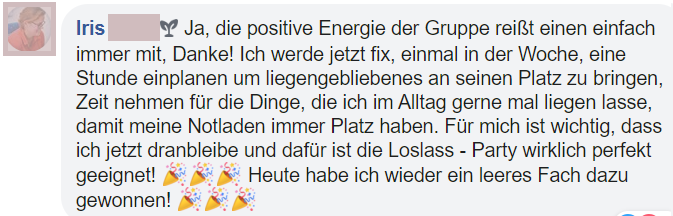 Kundenstimme von Iris über positive Energie und erfolgreiche Ordnungsarbeit in der Gruppe