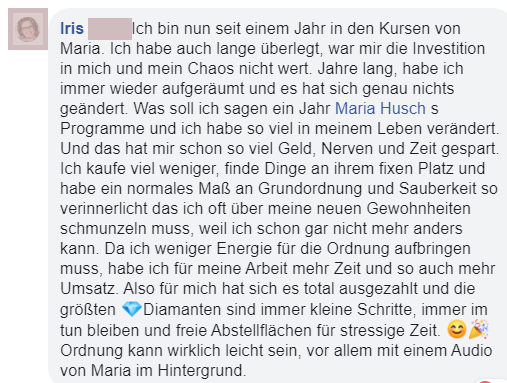 Screenshot: Kundenstimme von Iris mit Bewertungstext zum OrdnungsMagie Kurs von Maria Husch