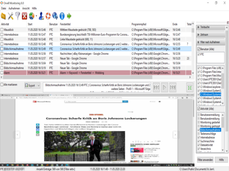Orvell Monitoring Hauptfenster mit Übersicht der Benutzeraktivitäten und Website-Vorschau