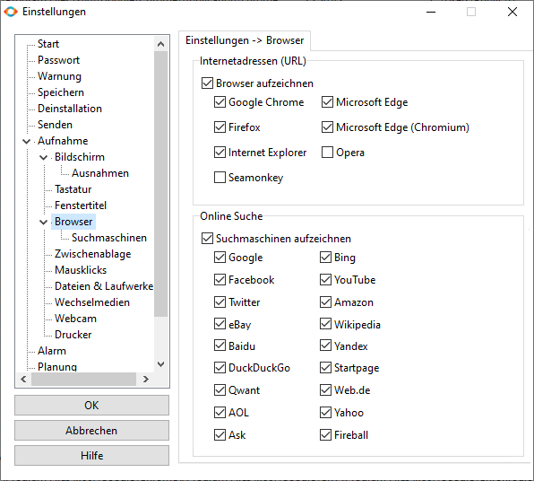 Screenshot Einstellungen Dialog Browseraufnahme und Online-Suche in Orvell Monitoring
