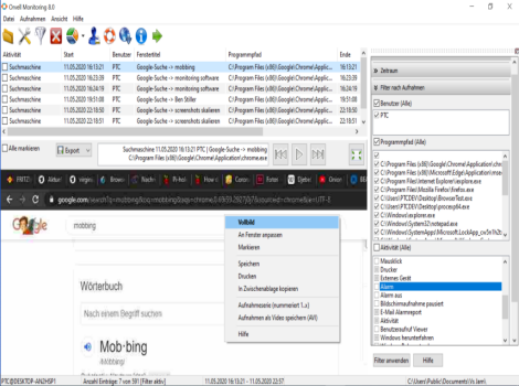 Orvell Monitoring Aufnahme von Suchmaschinen-Anfragen mit Google-Suche und Eingabehilfe
