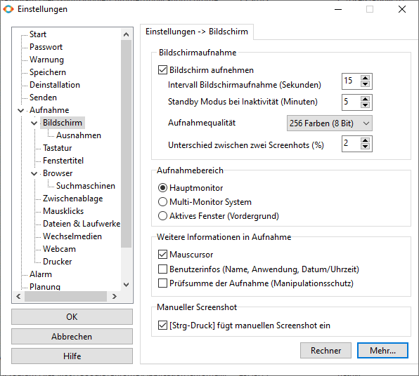 Screenshot Einstellungen Dialog Bildschirmaufnahme mit Qualität und Aufnahmeoptionen