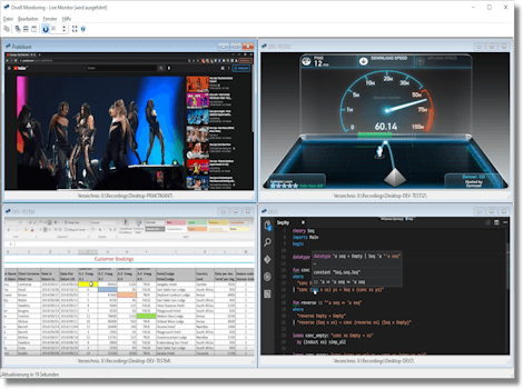 LiveMonitor zeigt vier verschiedene Bildschirme gleichzeitig mit Videos, Netzwerktest und Daten