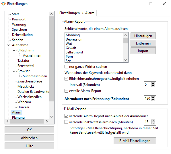 Screenshot Einstellungen Dialog Alarm-Report in Orvell Monitoring mit Keyword-Liste