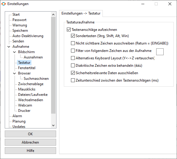 Screenshot Einstellungen-Dialog mit Tastatur-Recorder Optionen in Orvell Monitoring
