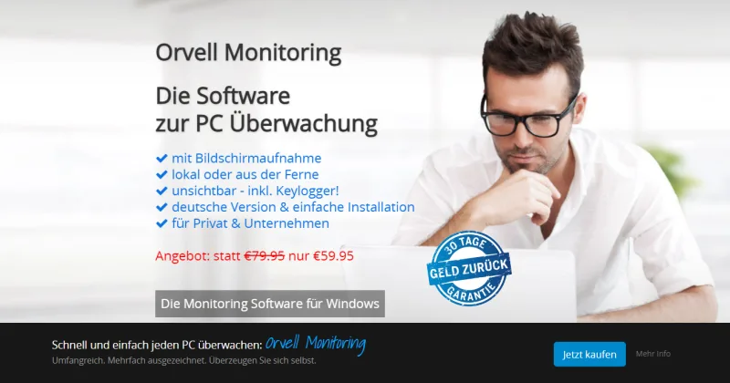 Hero-Banner für Orvell Monitoring mit Mann am Schreibtisch, Produktfeatures und Sonderangebot