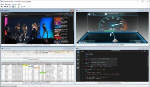 LiveMonitor mit vier gleichzeitigen Bildschirmen zeigt YouTube, Netzwerk-Testseite, Excel-Tabelle und Code-Editor