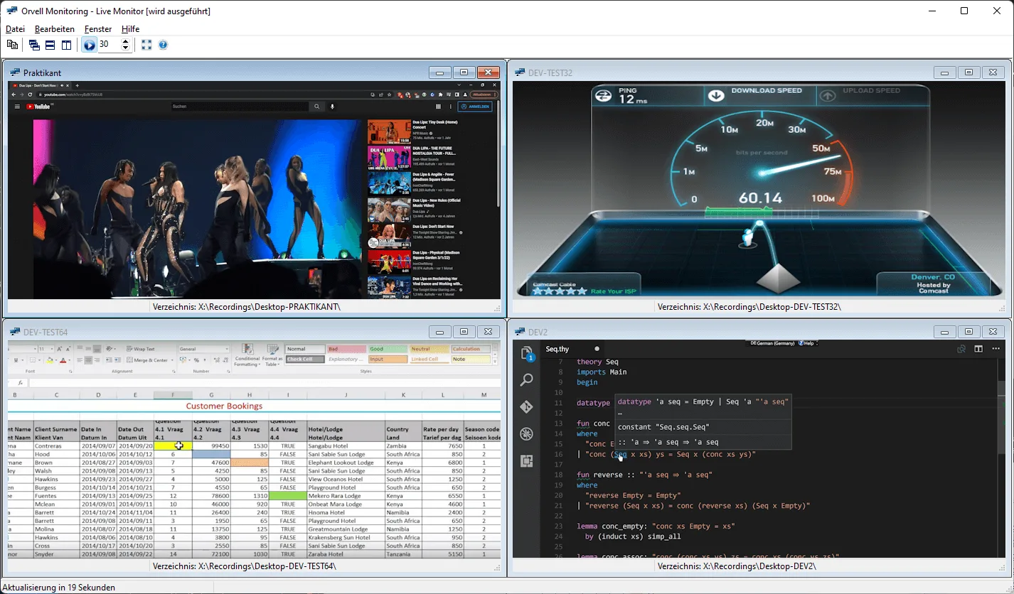 LiveMonitor mit vier gleichzeitigen Bildschirmen zeigt YouTube, Netzwerk-Testseite, Excel-Tabelle und Code-Editor