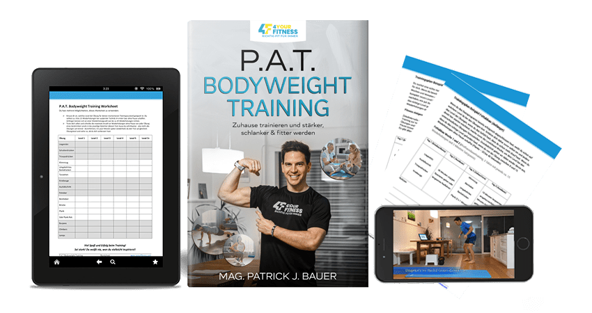 P.A.T. Bodyweight Training Onlinekurs Mockup mit Tablet, Buch und Smartphone